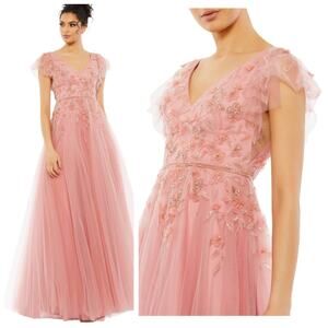 Mac Duggal 11224 Pink Salmon Formal Beaded Dress Tulle Flutter Sleeve Gown 10